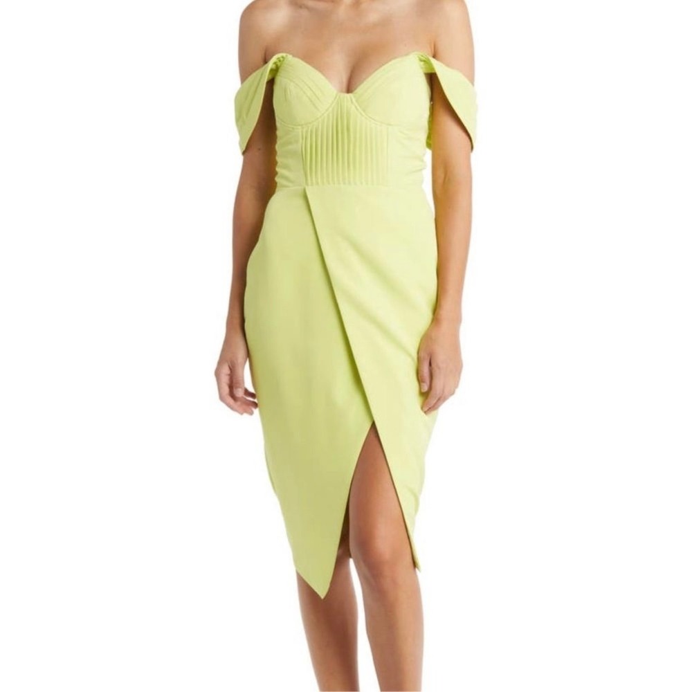 Lavish Alice Lime Green Madison Pleated Wrap Off The Shoulder Dress 6 NWT